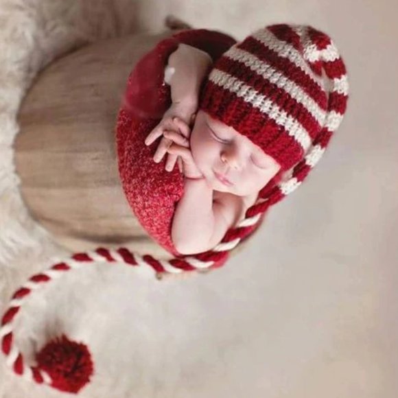 Infant Red/White Candy Cane Stripes with Long-Knot Beanie/Hat Newborns - Picture 4 of 4
